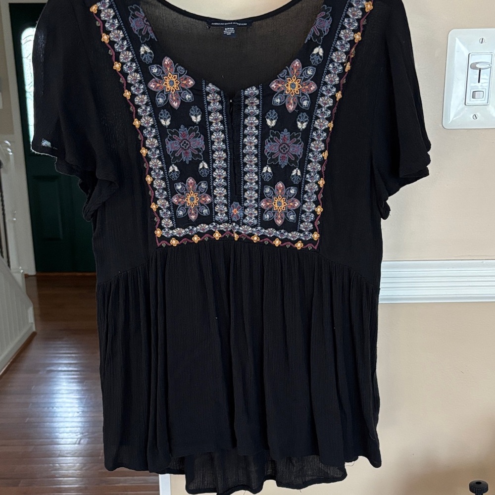 American Eagle Outfitters Black Floral Embroidered Blouse